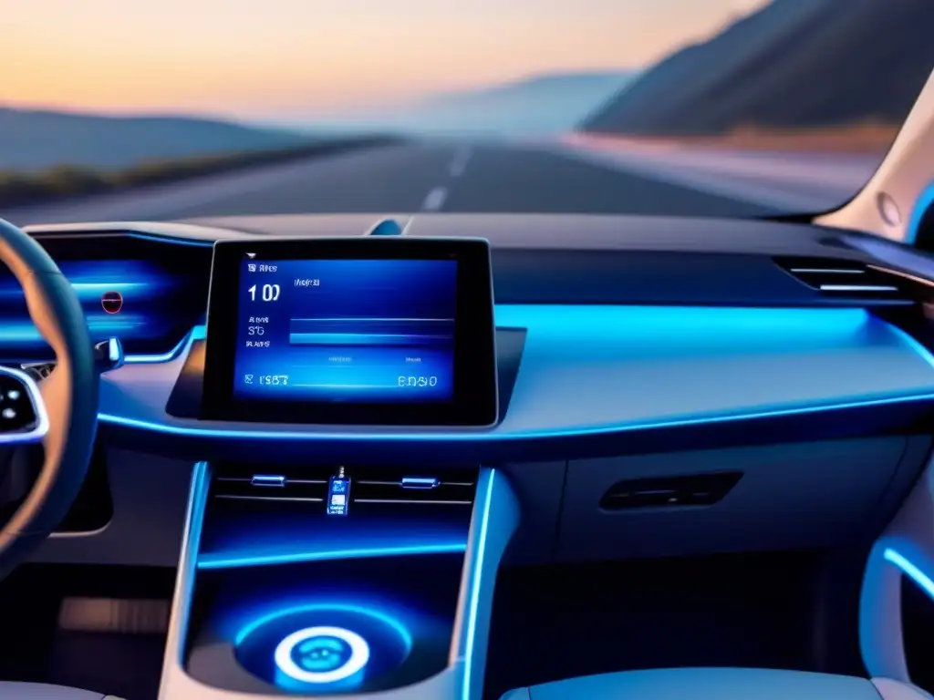 Interior elegante de coche eléctrico con purificador de aire, panel digital y luces ambientales en tonos azules