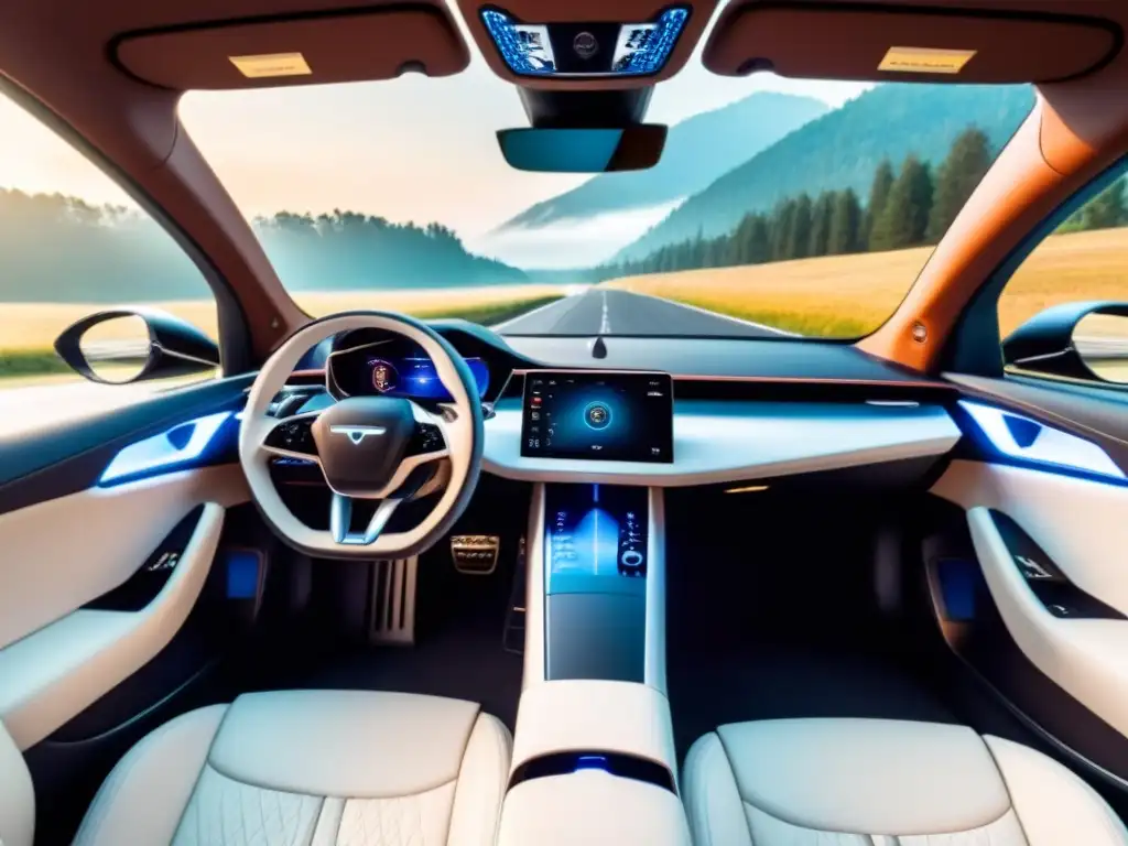 Interior lujoso de coche eléctrico premium, tecnología innovadora y diseño elegante