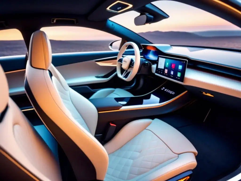 Interior lujoso de coche eléctrico de alta gama con tecnología avanzada y diseño minimalista