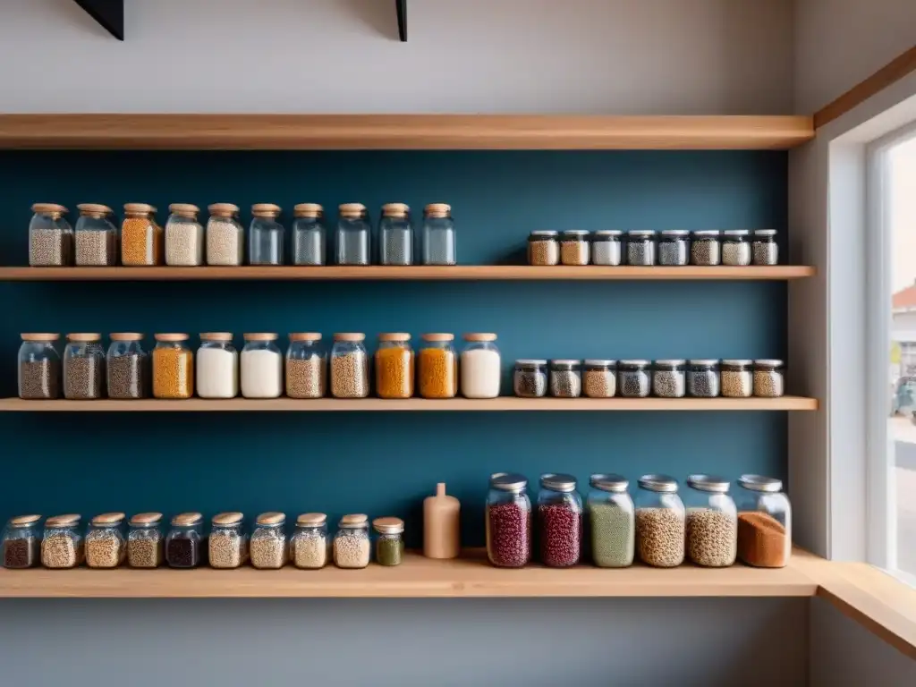 Interior minimalista de una tienda zero waste con productos a granel en frascos de vidrio y bolsas reutilizables