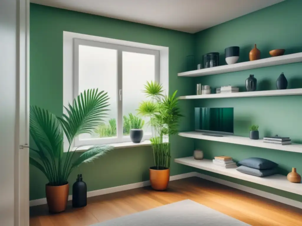 Diseño interior moderno y ecológico con muebles elegantes, plantas verdes y almacenamiento de identificación químicos tóxicos hogar sostenible