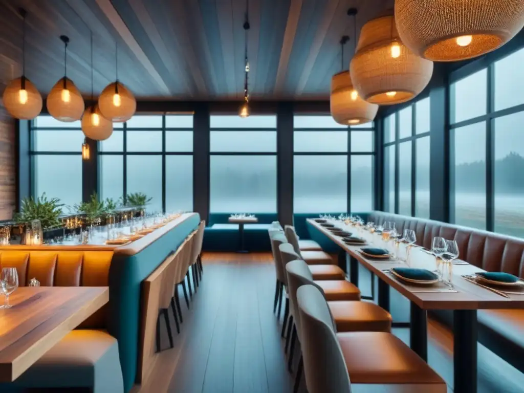 Interior de restaurante de lujo sostenible, zero waste, con diseño elegante y materiales ecoamigables