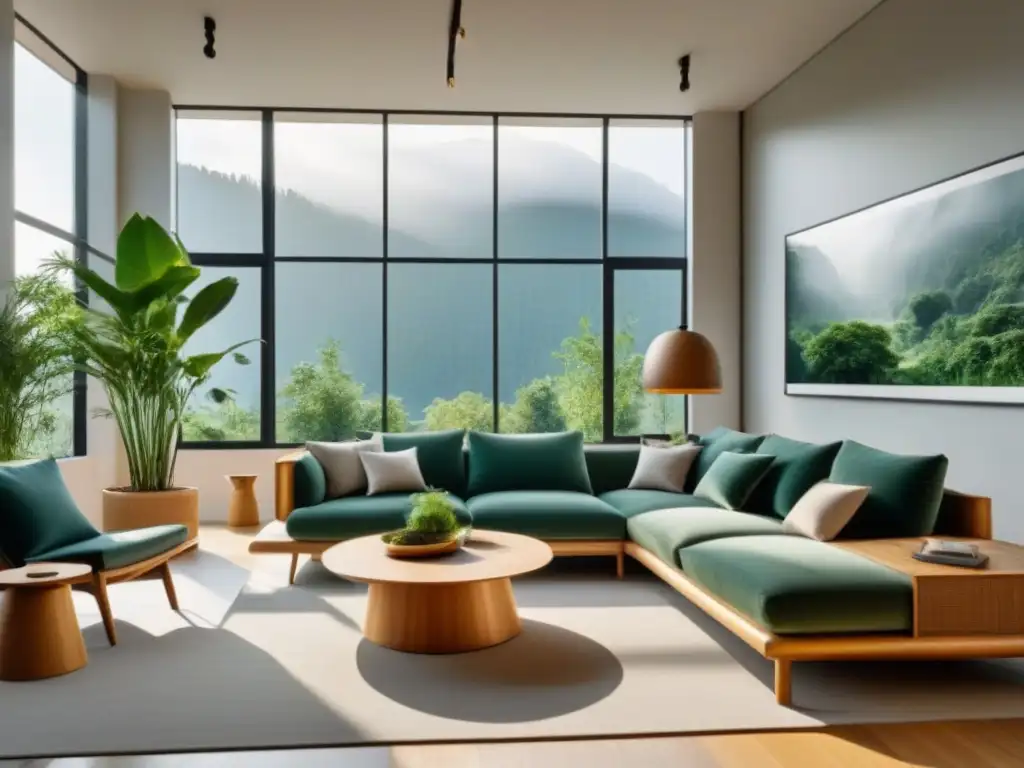 Sala ecofriendly: lujo minimalista en madera sustentable Diseño interior sostenible con muebles ecológicos en sala minimalista iluminada naturalmente