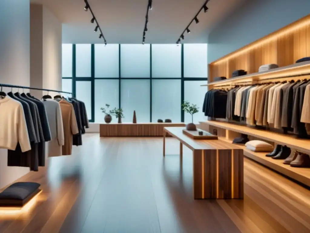 Interior de tienda de ropa sostenible con diseño minimalista, tonos neutros y prendas éticas