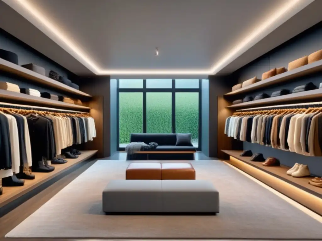 Interior de tienda de ropa sostenible, elegante y minimalista, en tonos terrosos y texturas naturales