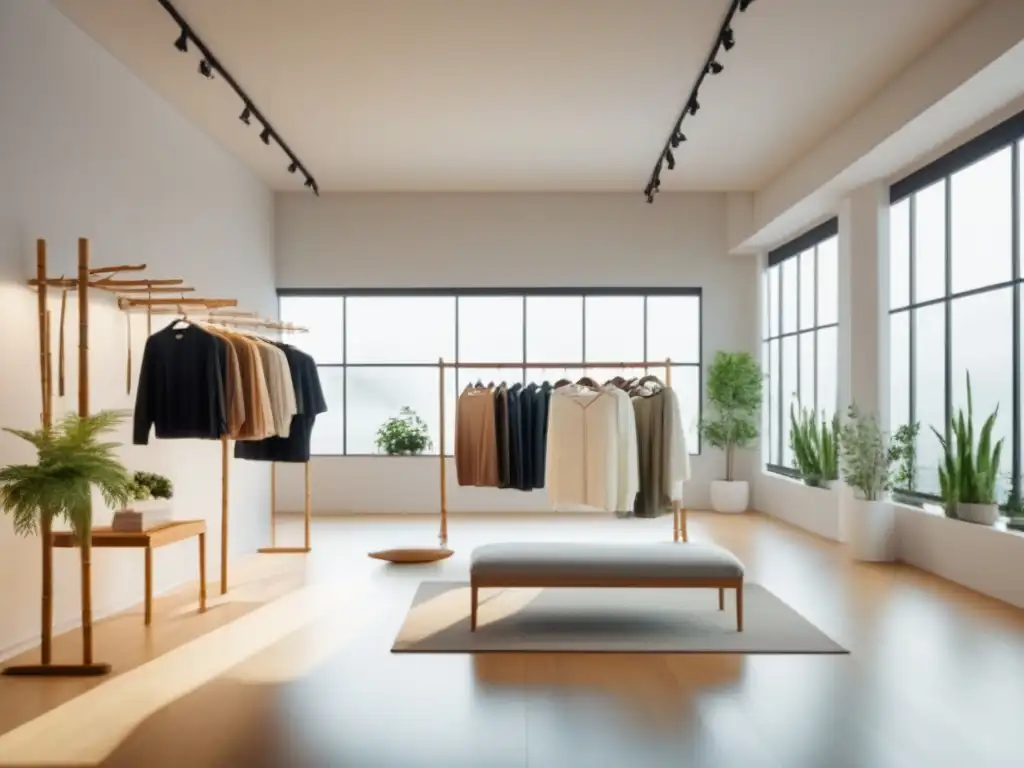 Interior de tienda de ropa sostenible con elegantes percheros de bambú, prendas de algodón orgánico y luz natural