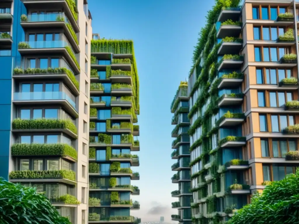 Intrincados diseños urbanos en los rascacielos verdes de Bosco Verticale, Milán, bajo un cielo azul claro