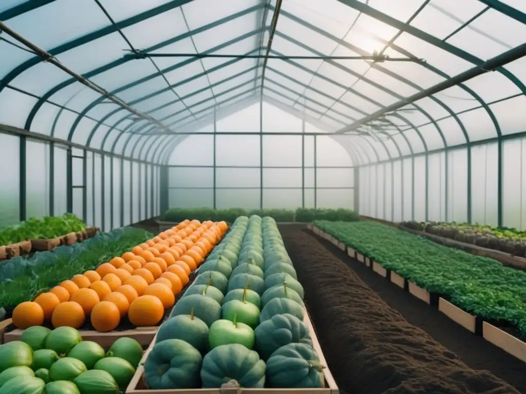 Un invernadero minimalista con frutas y verduras prósperas, adaptándose al cambio climático alimentario