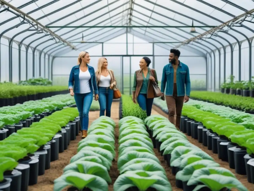 Un invernadero moderno lleno de plantas verdes y tecnología innovadora, donde personas diversas practican la agricultura sostenible