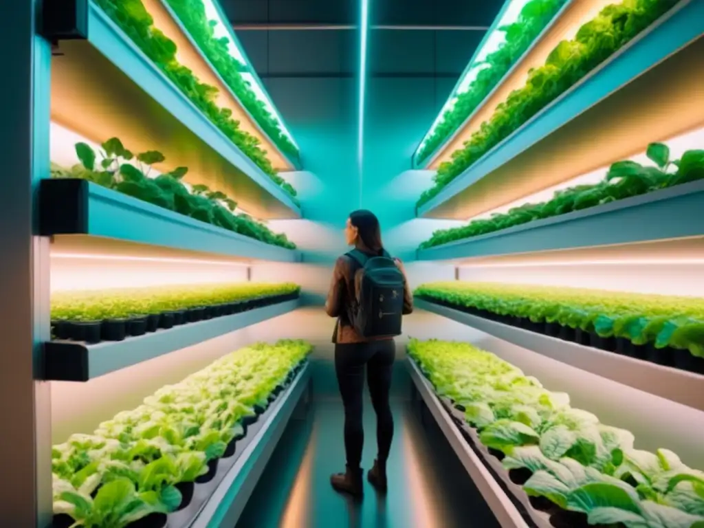 Un invernadero vertical moderno y tecnológico lleno de verduras bajo luces LED, revolucionando la agricultura para un futuro sostenible