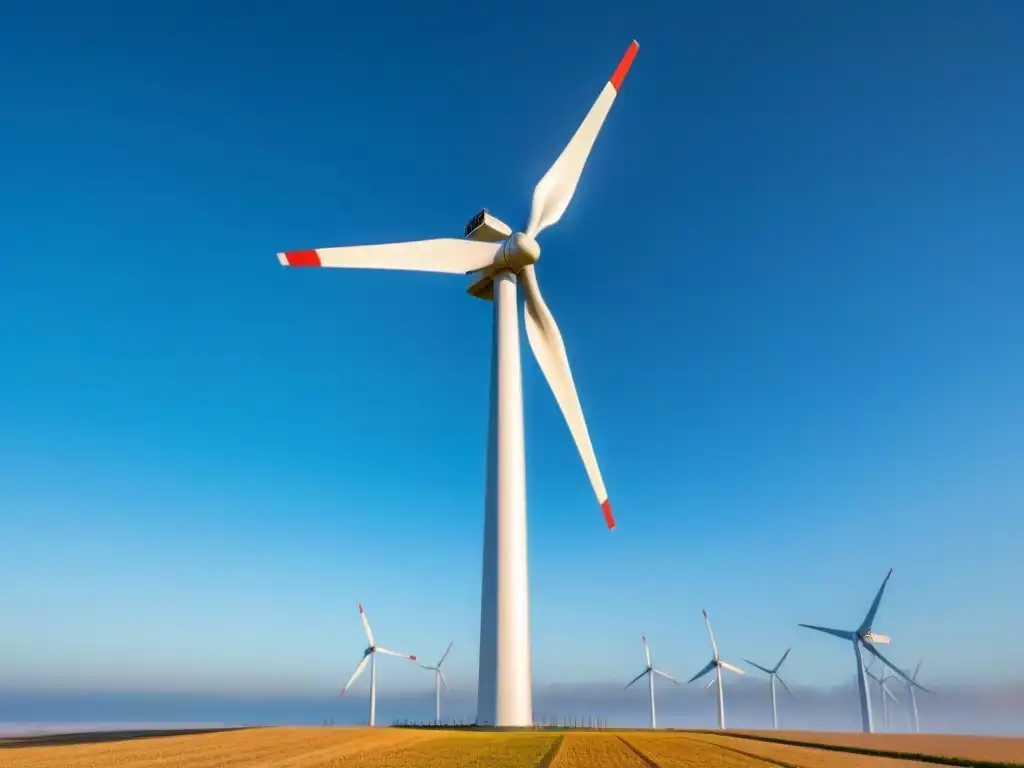 Inversiones energías renovables huella carbono: Molino de viento moderno destaca en campo abierto bajo cielo azul, capturando la luz solar