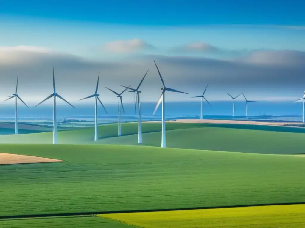 Inversiones en energías renovables sostenibles: Paisaje de aerogeneradores blancos en un campo verde soleado