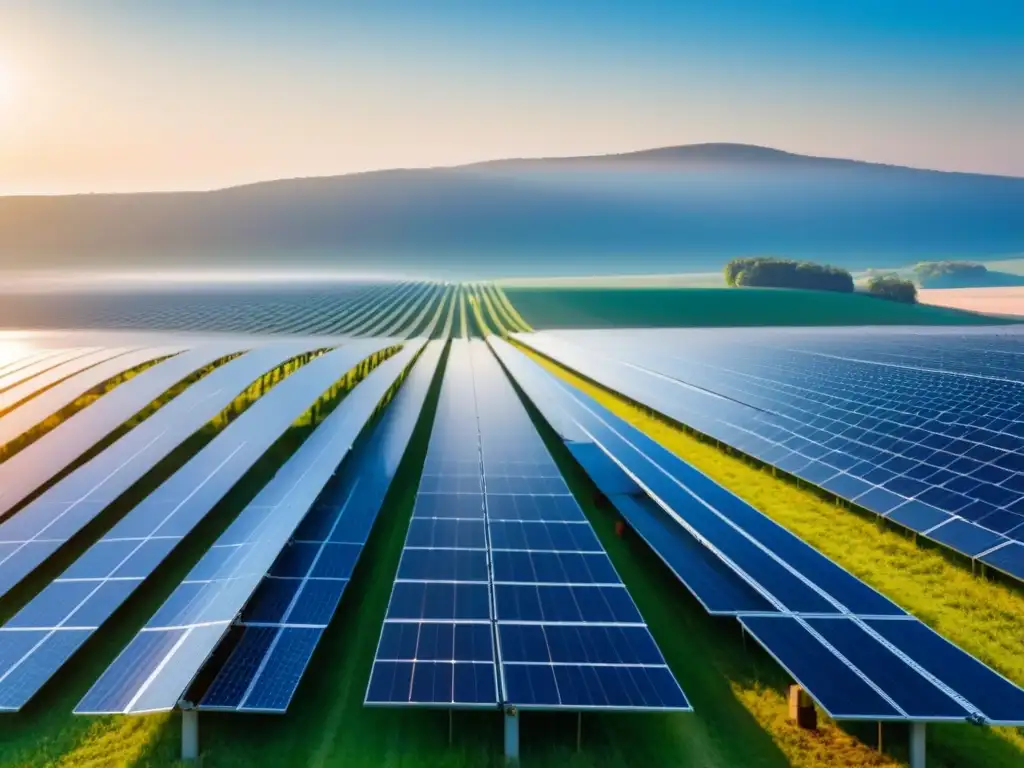 Inversiones en energías renovables sostenibles: Campo solar brillante bajo el sol, reflejos y sombras danzantes en paneles solares