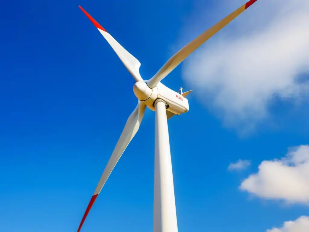 Inversiones sostenibles en energías renovables: Elegante y moderno aerogenerador girando en un cielo azul sin nubes