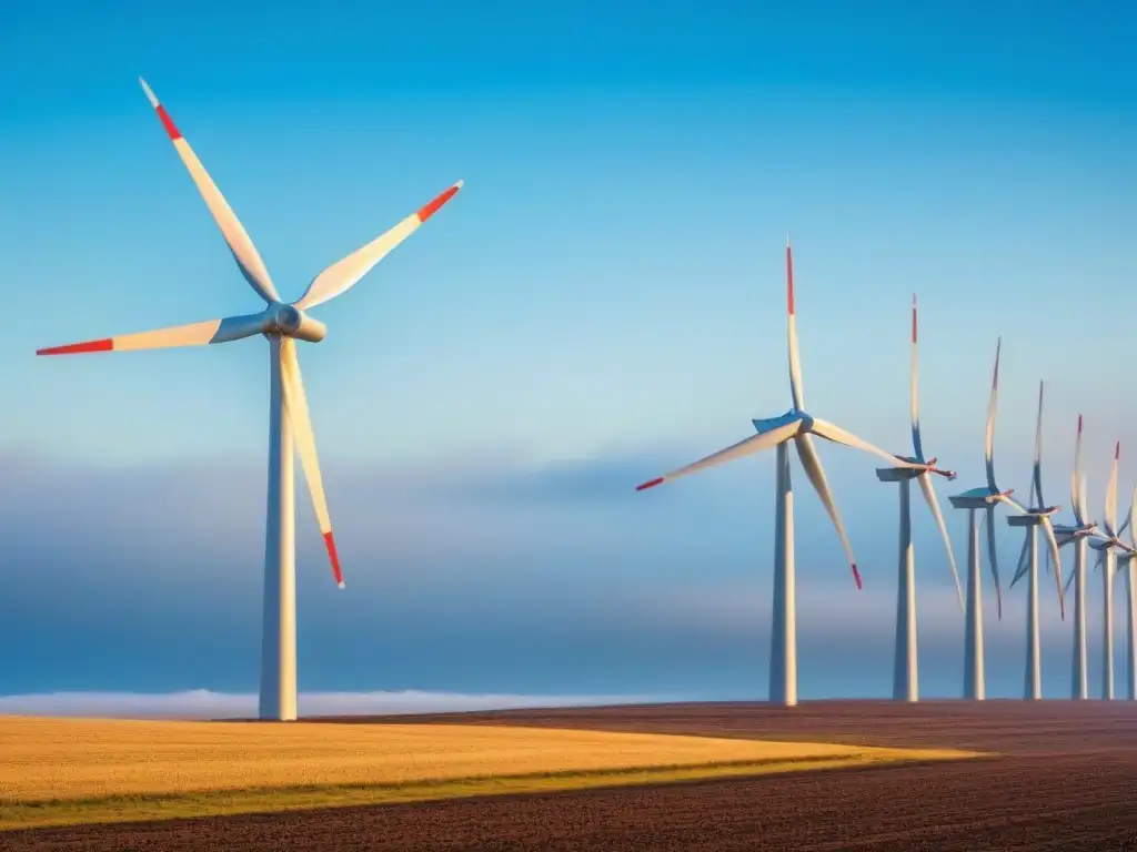 Inversiones sostenibles en energías renovables: fila de turbinas eólicas futuristas girando elegantes bajo un cielo azul claro