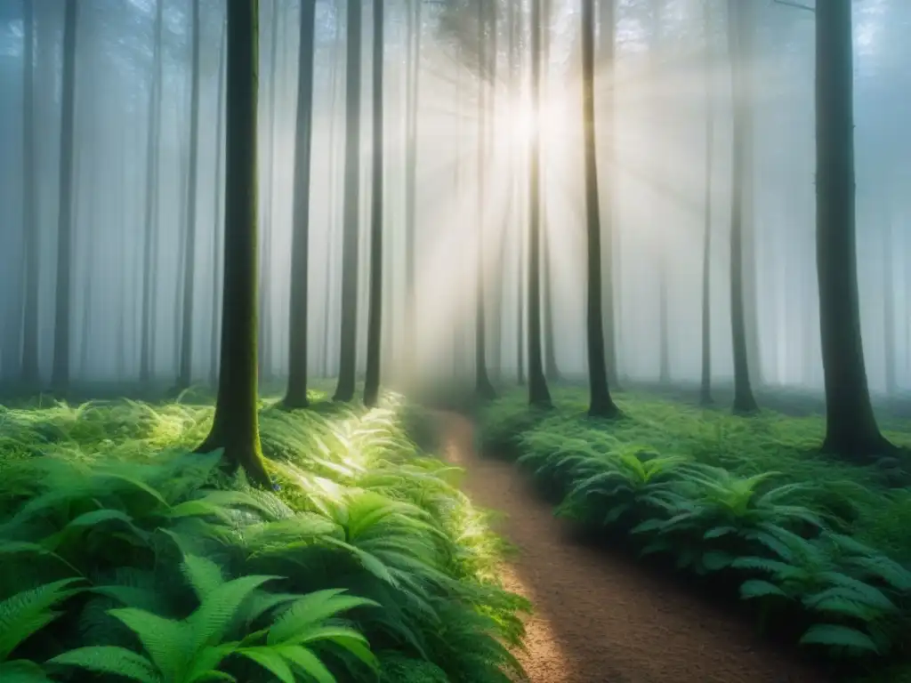 Inversores en bonos verdes disfrutan de la serenidad de un frondoso bosque verde iluminado por el sol