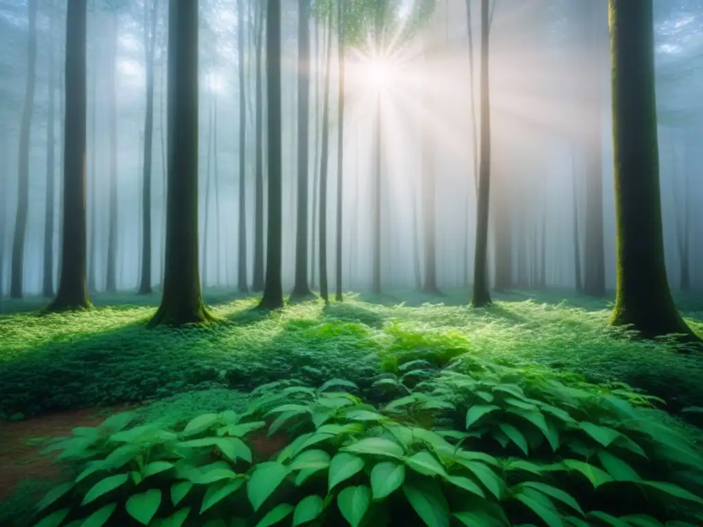 Inversores en bonos verdes: Bosque verde exuberante, luz solar entre hojas, sombras en el suelo