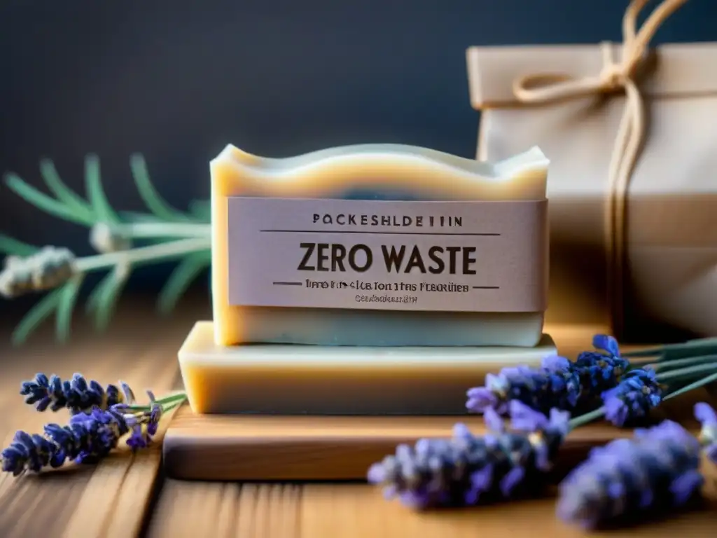 Un jabón artesanal zero waste con diseño intrincado y envase ecológico, rodeado de lavanda seca