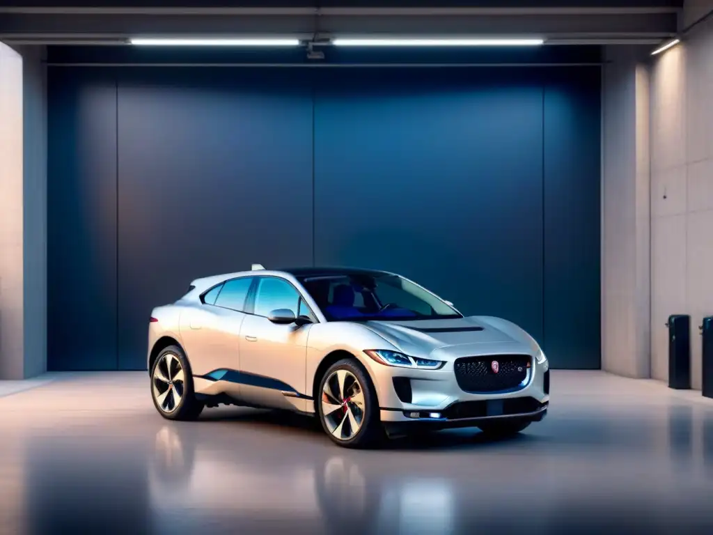 Jaguar IPACE futurista en garaje con estaciones de carga avanzadas