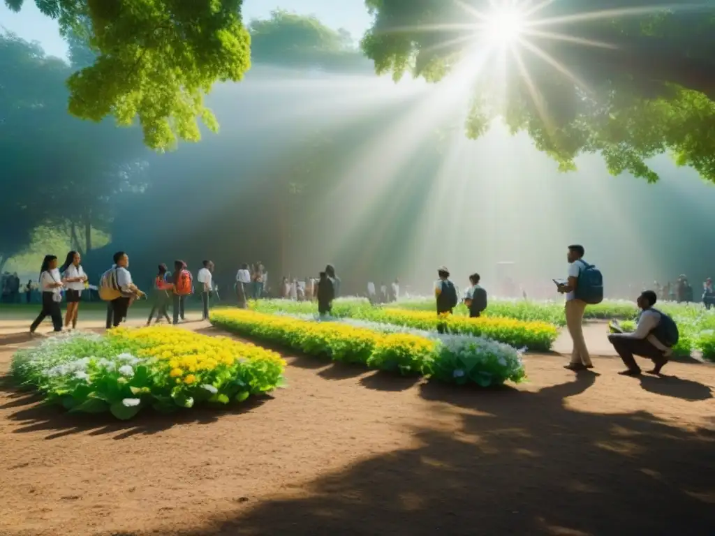 Un jardín escolar diverso y sereno, con niños realizando actividades de educación ambiental en escuelas sostenibles