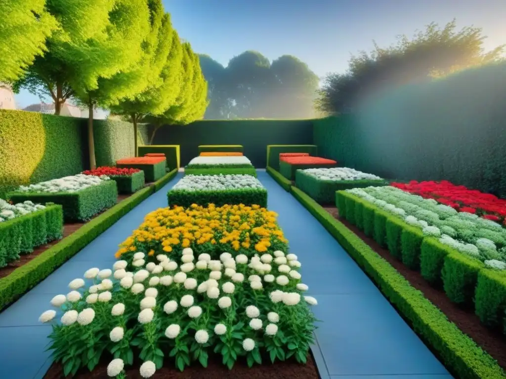 Un jardín exuberante y colorido bajo el sol, muestra técnicas de jardinería ecológica