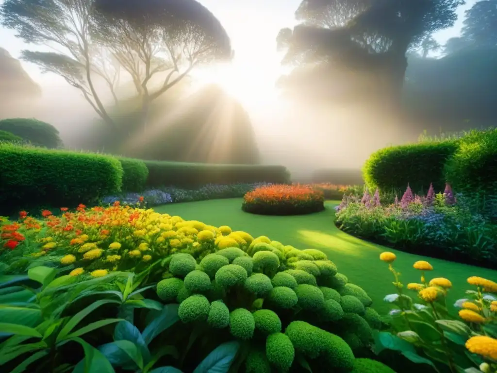 Un jardín exuberante y sostenible con flores vibrantes, arbustos frondosos y árboles altos