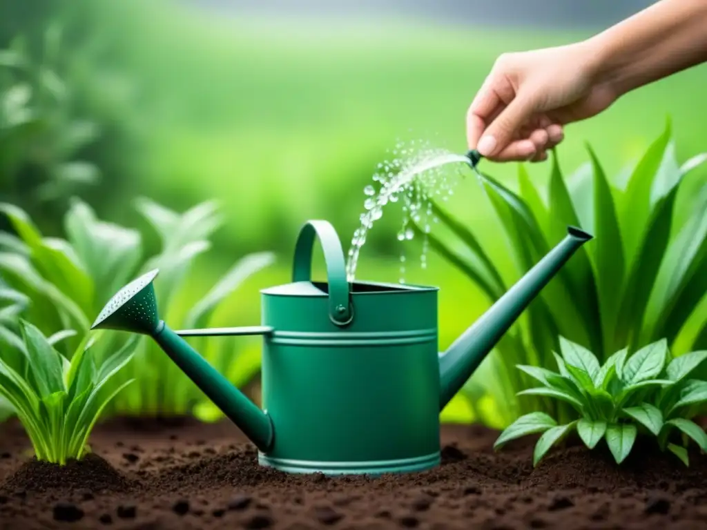 Un jardín exuberante y vibrante con gotas de agua detalladas cayendo de una regadera, destacando el riego eficiente en jardinería sostenible