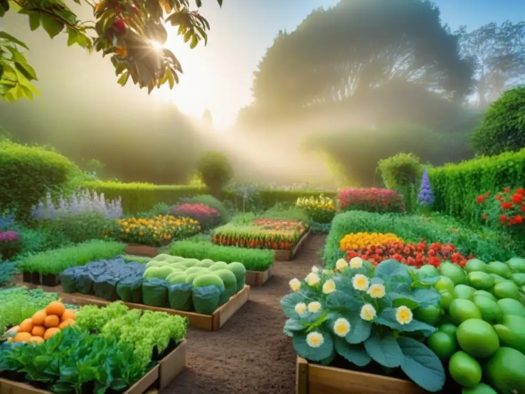 Un jardín exuberante y vibrante, repleto de frutas, verduras y flores, todo en armonía