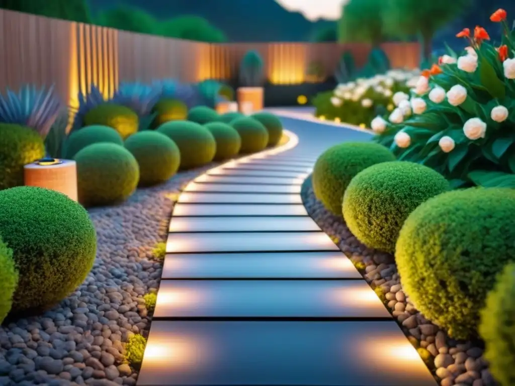 Un jardín moderno con luces solares sostenibles iluminando un camino entre vegetación exuberante y flores coloridas