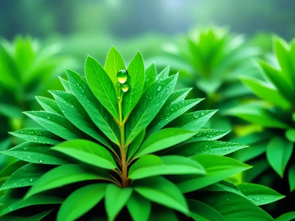 Un jardín de plantas verdes con rocío, transmitiendo frescura y armonía