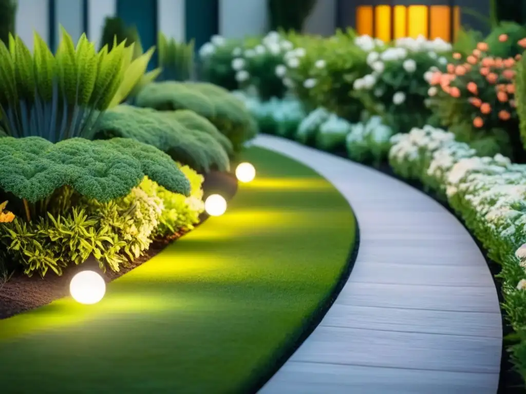 Un jardín sereno iluminado por luces solares sostenibles, resaltando la elegancia y sostenibilidad