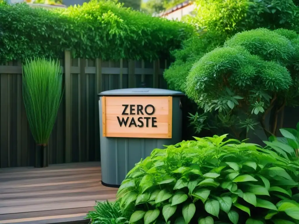 Un jardín sereno y minimalista con prácticas zero waste para biodiversidad, elementos sostenibles y un letrero elegante