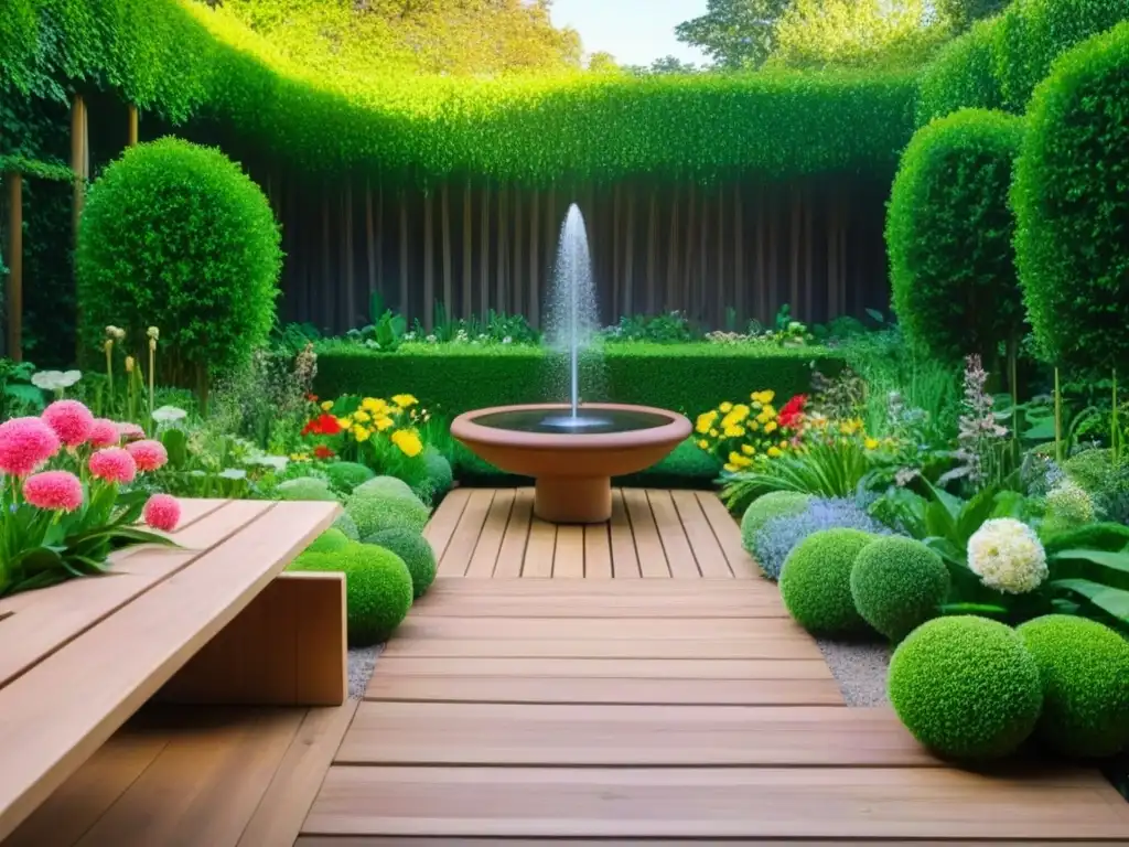 Un jardín sereno con plantas verdes exuberantes, flores coloridas y una fuente burbujeante