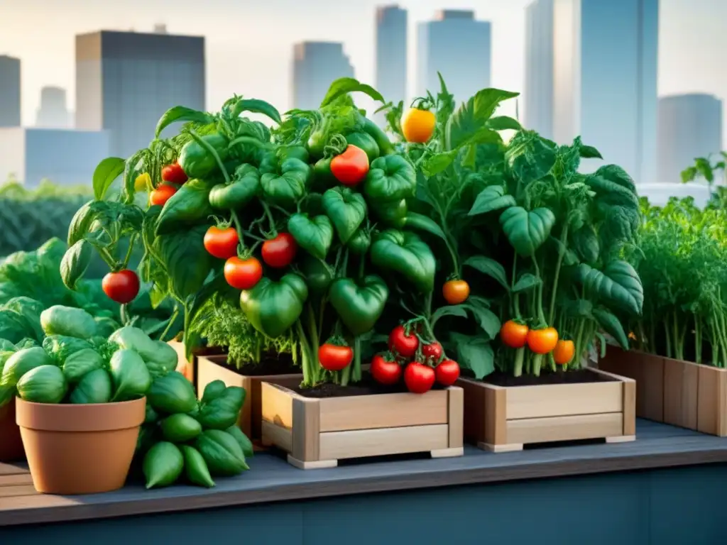 Un jardín urbano en un espacio reducido con vegetales vibrantes y hermosos, iluminado por el sol