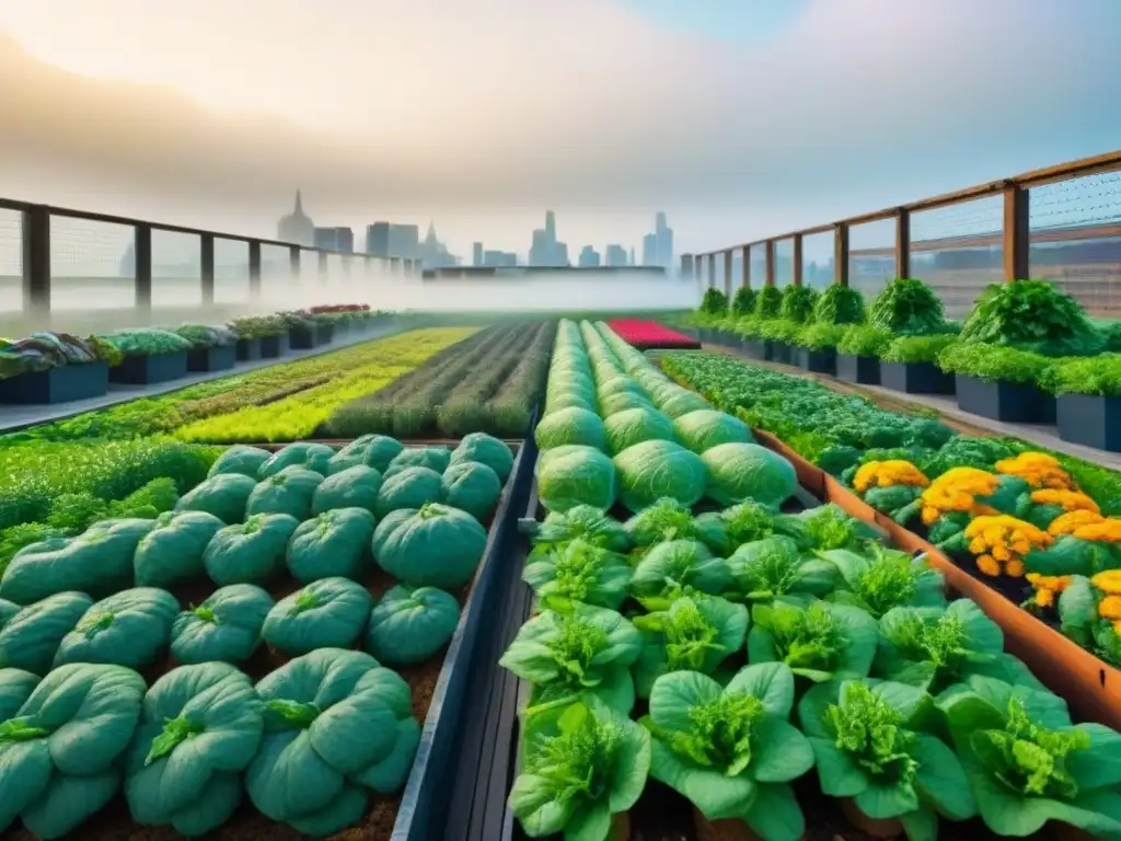 Un jardín urbano lleno de alimentos orgánicos para biodiversidad sostenible, con abejas y mariposas revoloteando entre flores coloridas