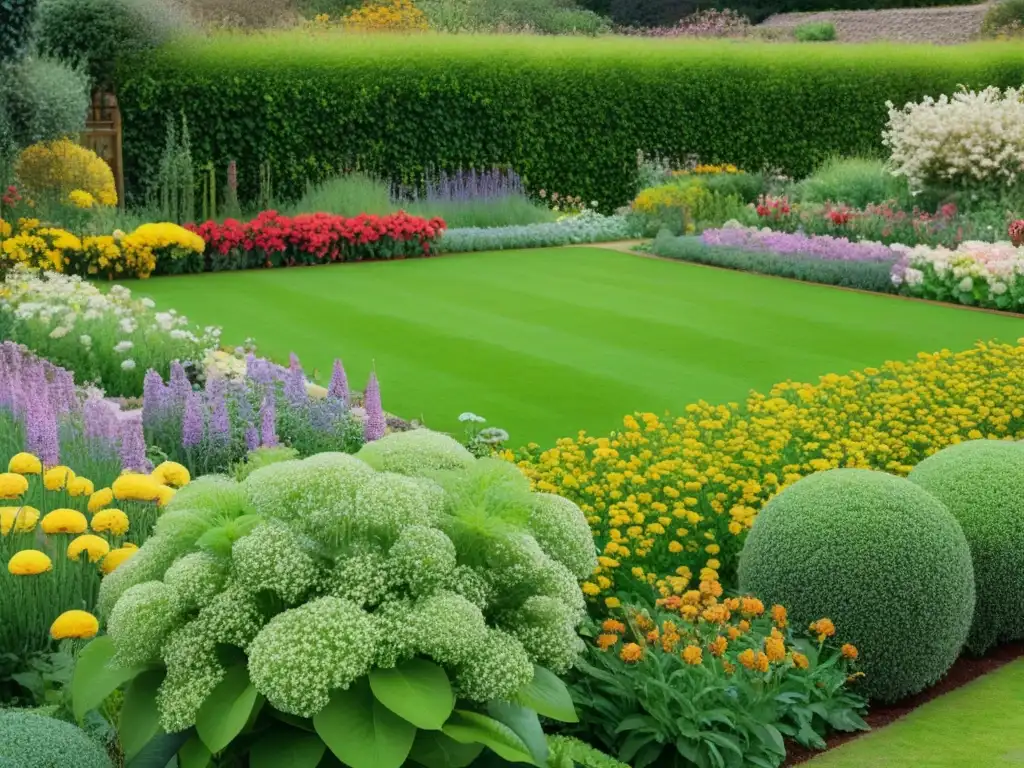 Jardinería sostenible con productos ecológicos: ilustración vibrante de un jardín exuberante con flores coloridas y prácticas ecoamigables