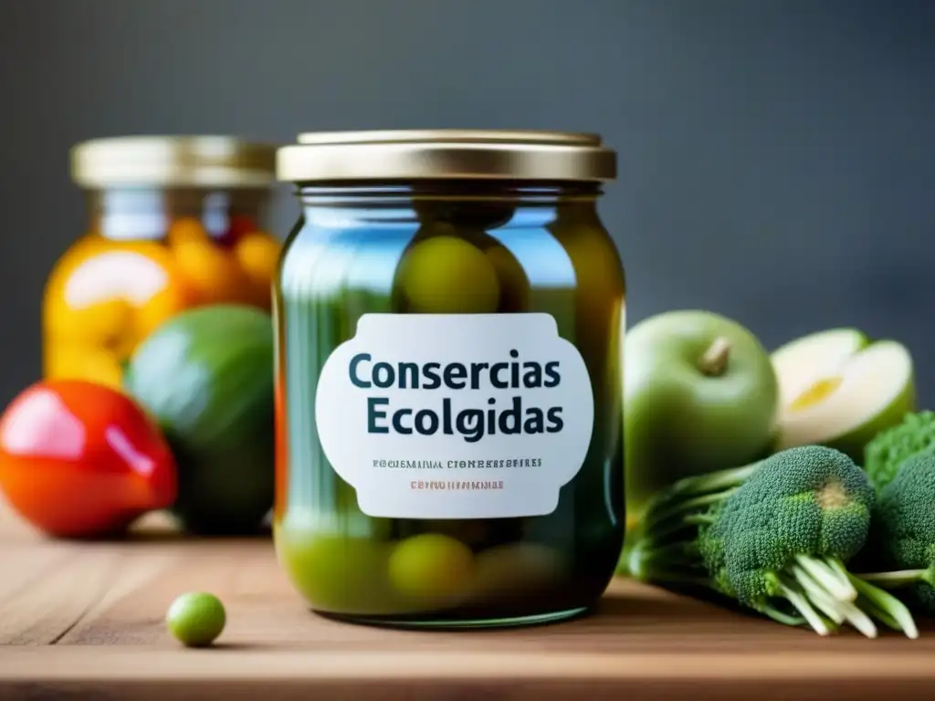 Jarra de cristal con frutas y verduras ecológicas, etiqueta 'Conservas Caseras Ecológicas', en cocina luminosa