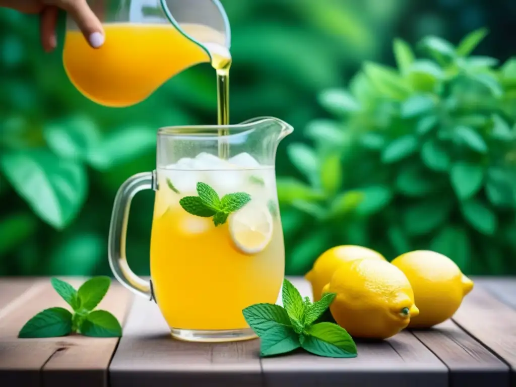 Una jarra de vidrio cristalino llena de refrescante limonada casera, rodeada de naturaleza