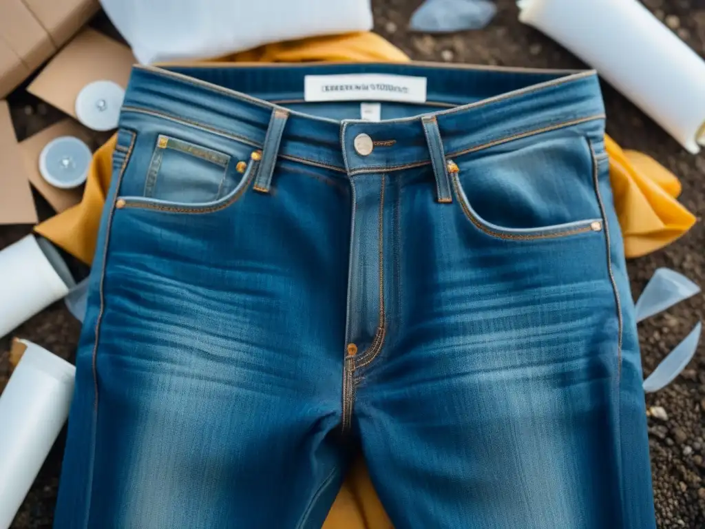 Jeans azules desechados en basurero, rodeados de plástico y desechos no biodegradables