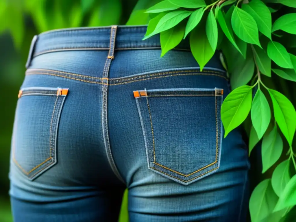 Unos jeans de tela reciclada con hojas verdes brotando de los bolsillos, simbolizando alternativas sostenibles en la fabricación de jeans