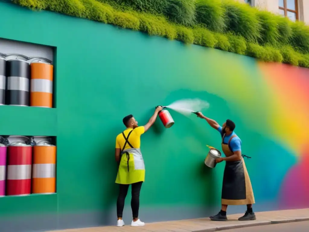 Un joven artista callejero conciencia ambiental pinta mural vibrante de animales en la ciudad