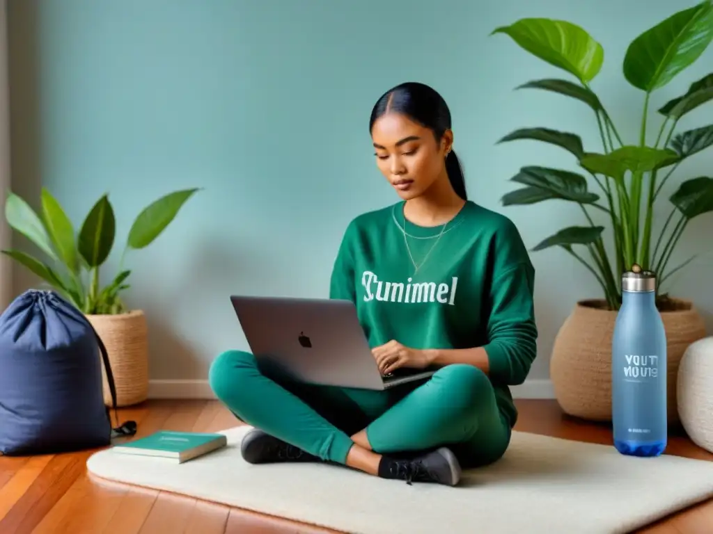 Joven en casa rodeado de plantas, libros sostenibles y tecnología, simbolizando la armonía entre lo moderno y lo eco