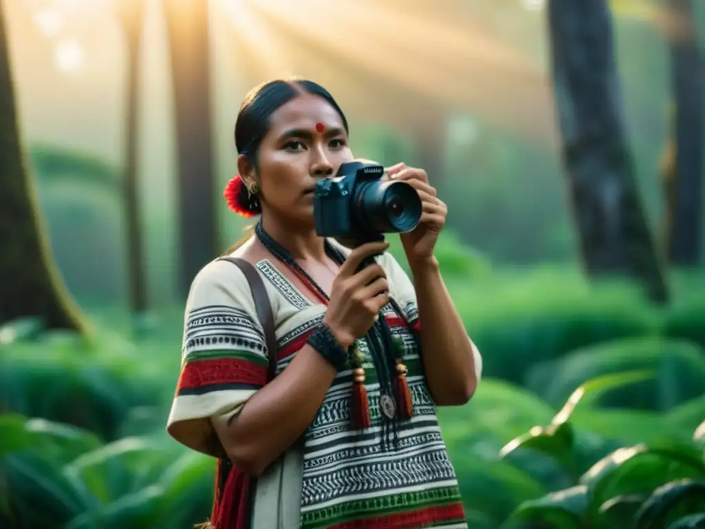 Un joven cineasta indígena, orgulloso frente a un bosque verde, resalta por su expresión enfocada y vestimenta tradicional