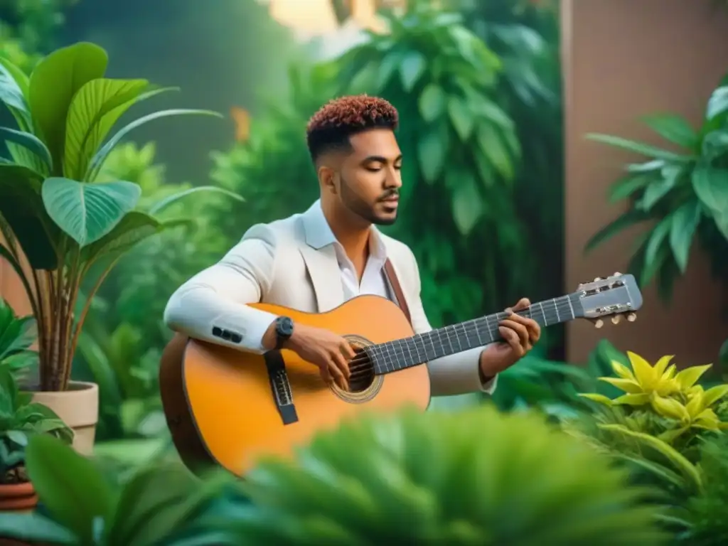 Joven músico tocando guitarra de materiales reciclados, rodeado de vegetación