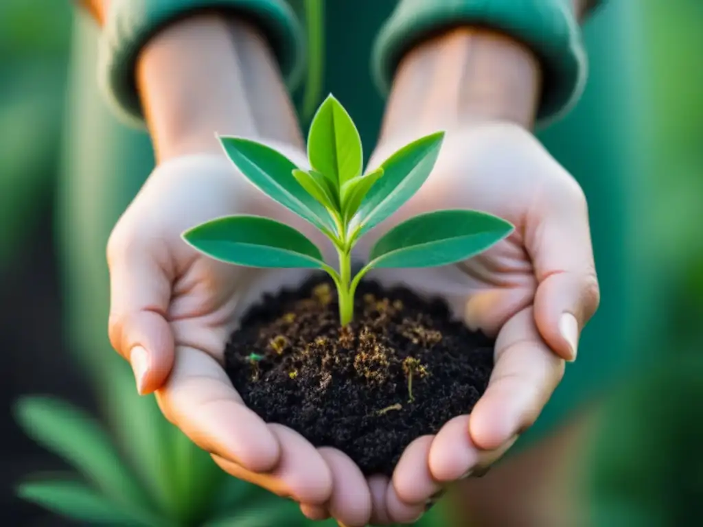 Un joven sostiene una planta verde vibrante, simbolizando la impactante labor de proyectos sostenibles liderados por jóvenes