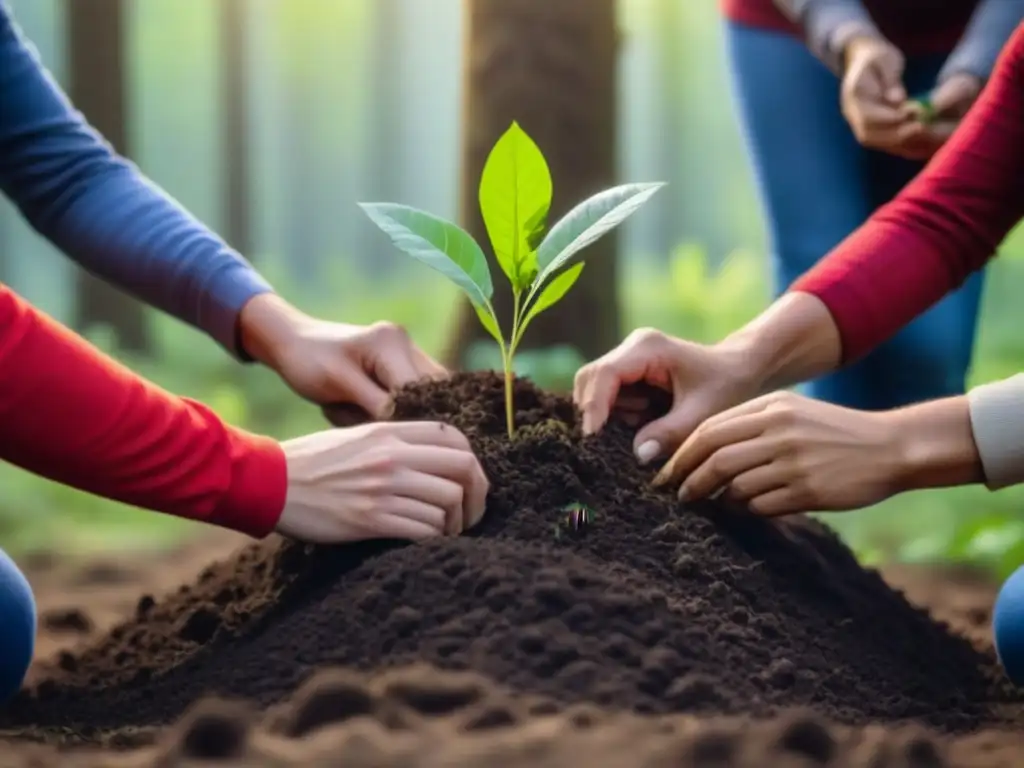 Jóvenes activistas plantando árboles en un bosque, transmitiendo esperanza y determinación