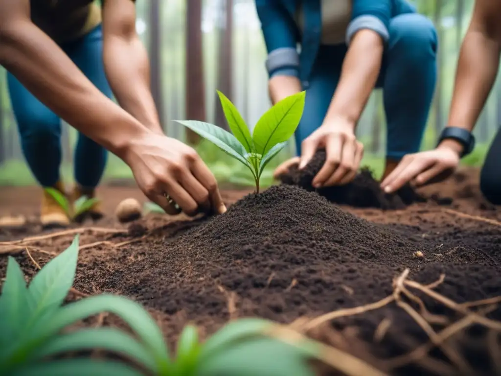 Jóvenes activistas plantando árboles en un bosque, demostrando concienciación ambiental