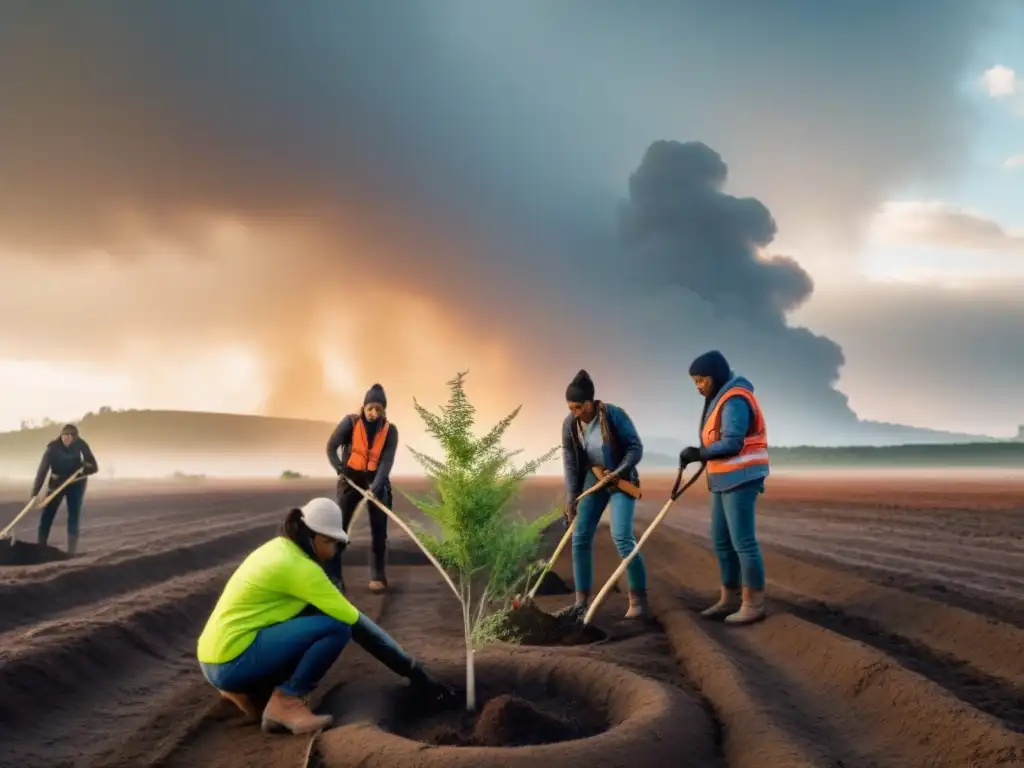 Jóvenes activistas plantando árboles en paisaje árido, simbolizando la resiliencia climática de movimientos juveniles