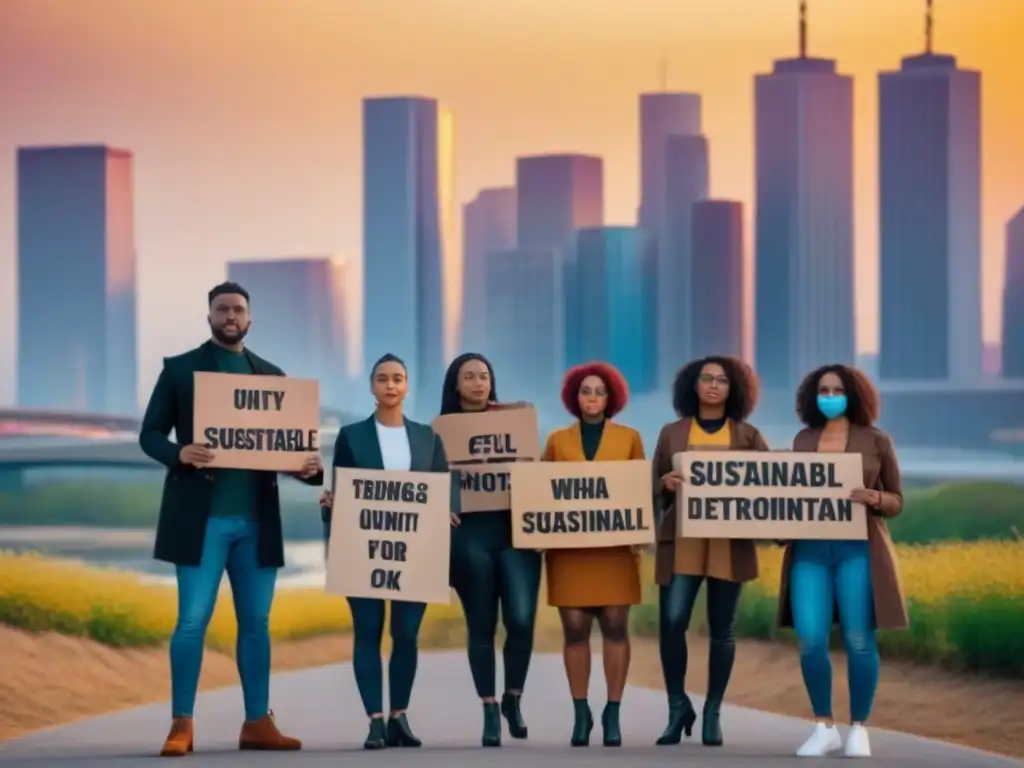 Jóvenes activistas sostienen carteles por la moda sostenible frente al horizonte urbano al atardecer