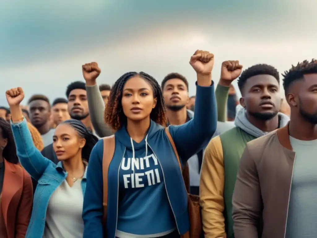 Jóvenes activistas de diversas culturas unidos en solidaridad, mostrando fuerza y colaboración